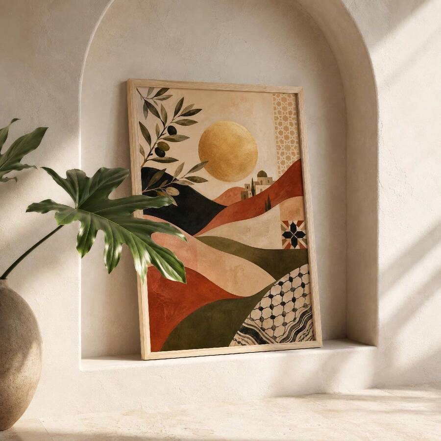 Wood-framed olive branch and golden sun poster displayed in an arched niche beside green foliage