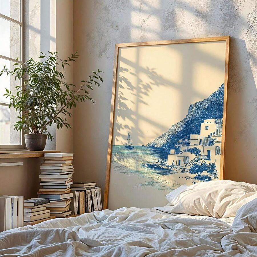 Mediterranean Sketch Seaside Village Greek Island Nautical Canvas Poster