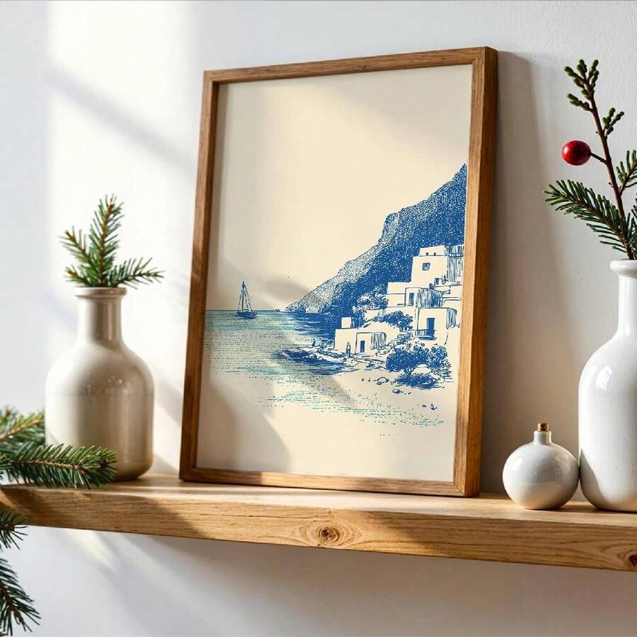 Mediterranean Sketch Seaside Village Greek Island Nautical Canvas Poster
