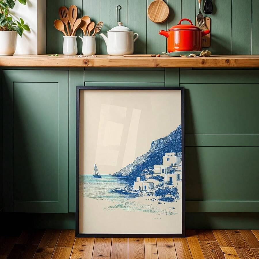 Mediterranean Sketch Seaside Village Greek Island Nautical Canvas Poster