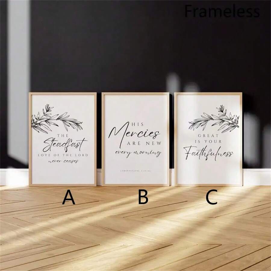 Three framed Bible verse prints with olive branches above a cream sofa