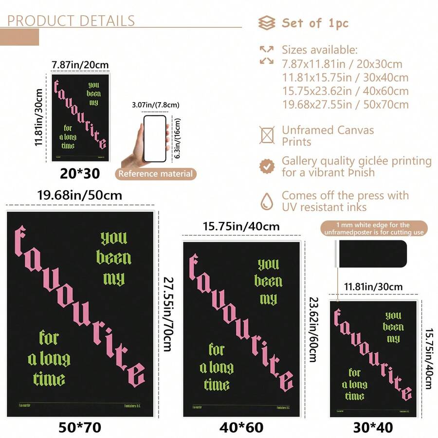 Size and product details guide for framed or unframed lyric canvas in multiple dimensions