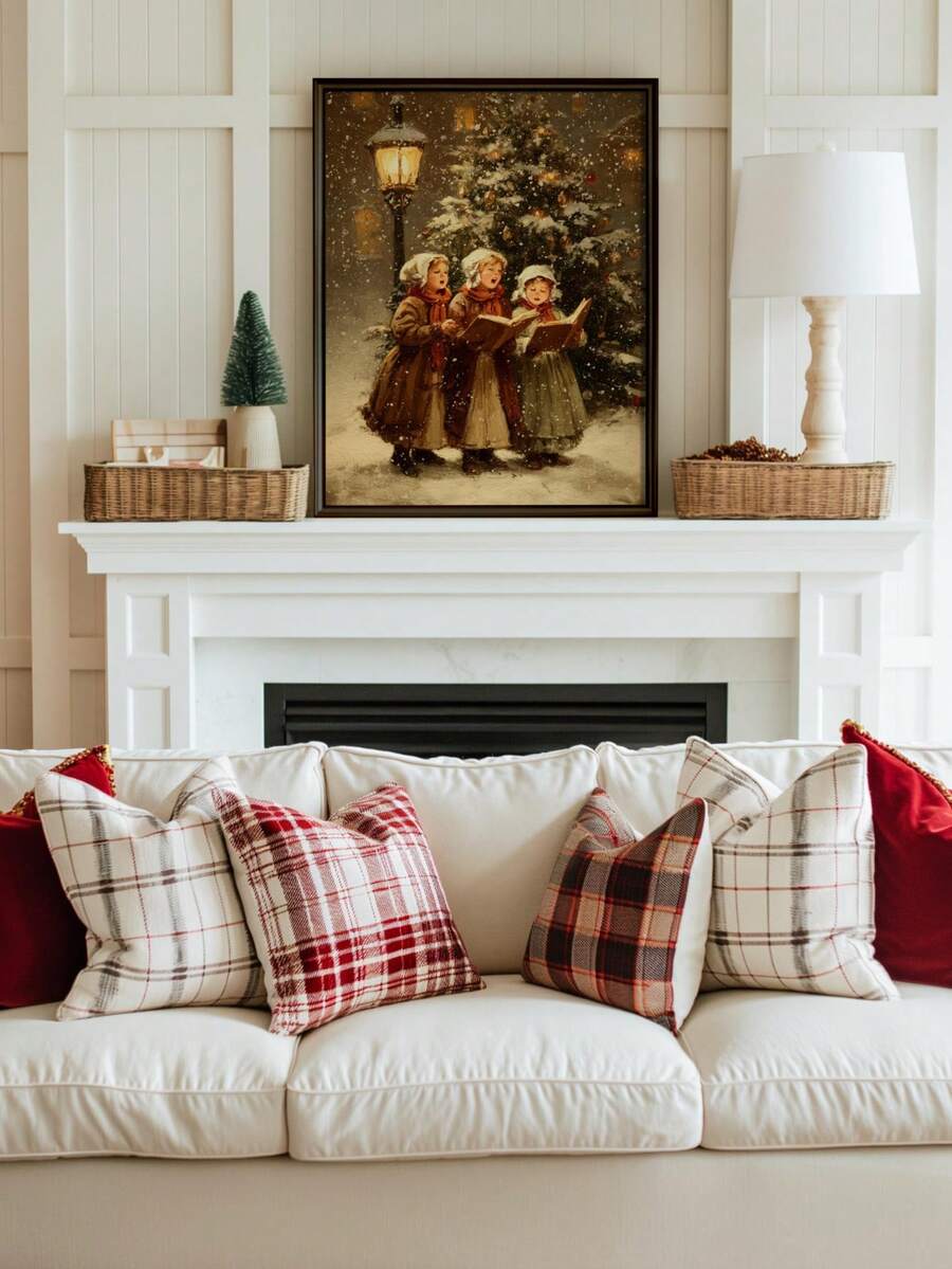 Vintage Christmas Carol Children Snowy Street Oil Painting Canvas Poster 