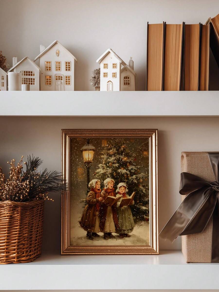 Vintage Christmas Carol Children Snowy Street Oil Painting Canvas Poster 