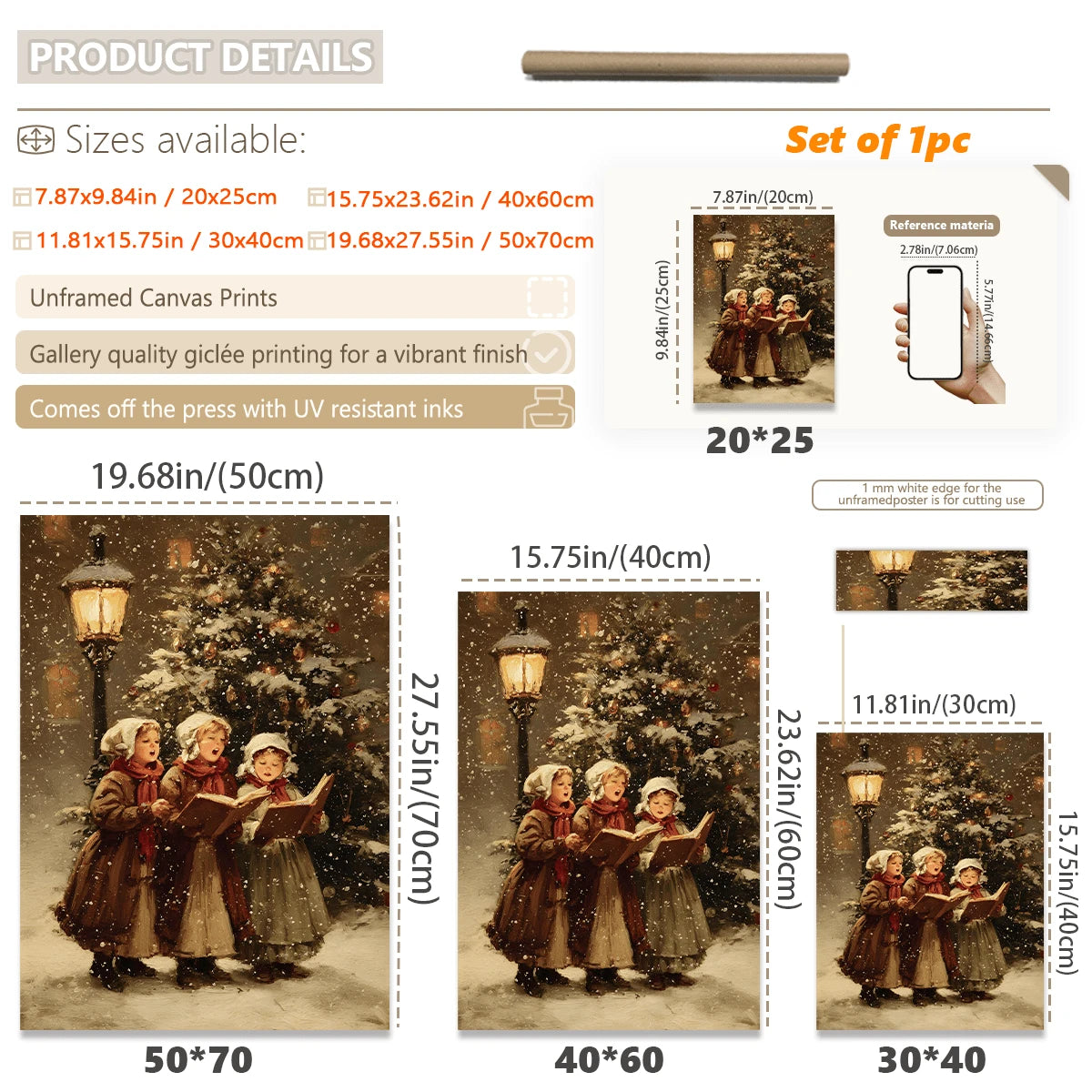 Vintage Christmas Carol Children Snowy Street Oil Painting Canvas Poster 