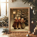 Vintage Christmas Carol Children Snowy Street Oil Painting Canvas Poster 