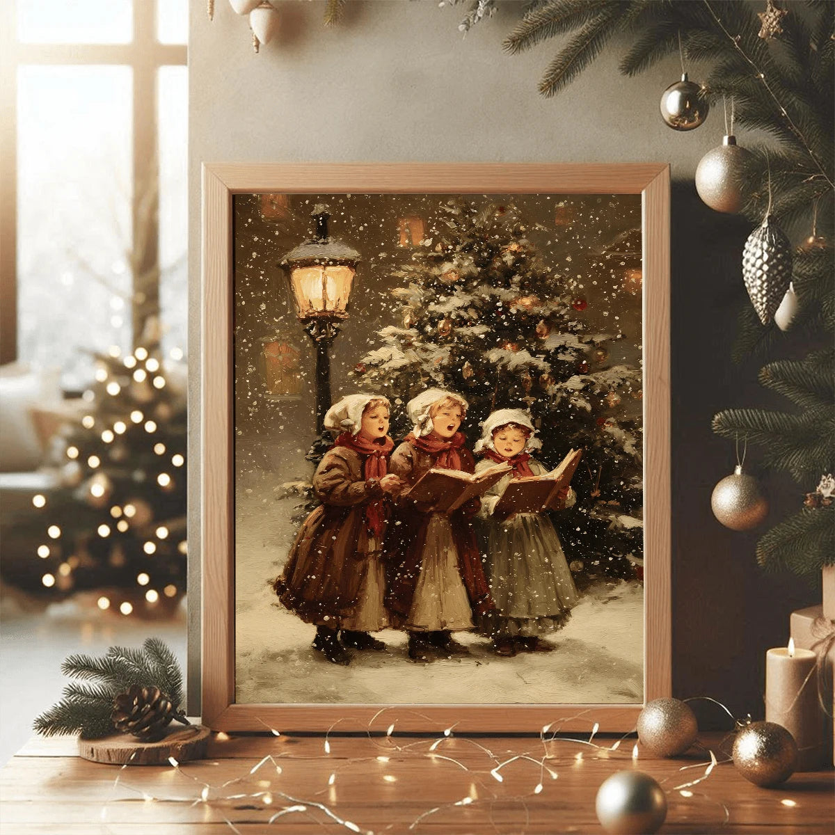 Vintage Christmas Carol Children Snowy Street Oil Painting Canvas Poster 