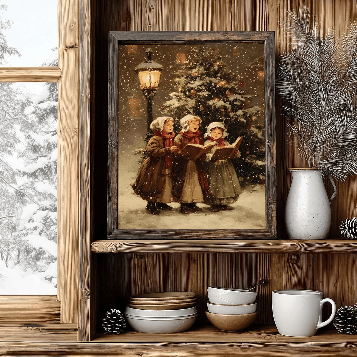 Vintage Christmas Carol Children Snowy Street Oil Painting Canvas Poster 