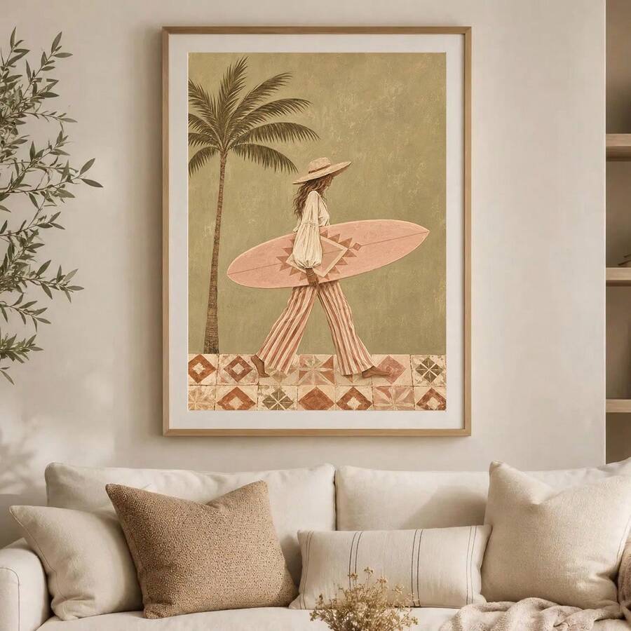 Boho Palm Surfer Woman Vintage Coastal Fashion Beach House Canvas Poster