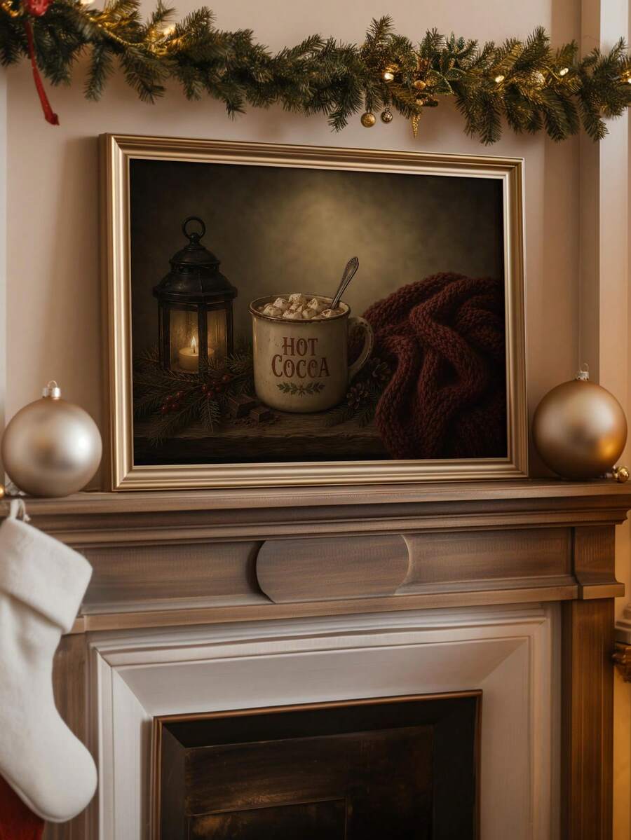 Vintage Hot Cocoa Mug & Lantern Rustic Christmas Canvas Poster