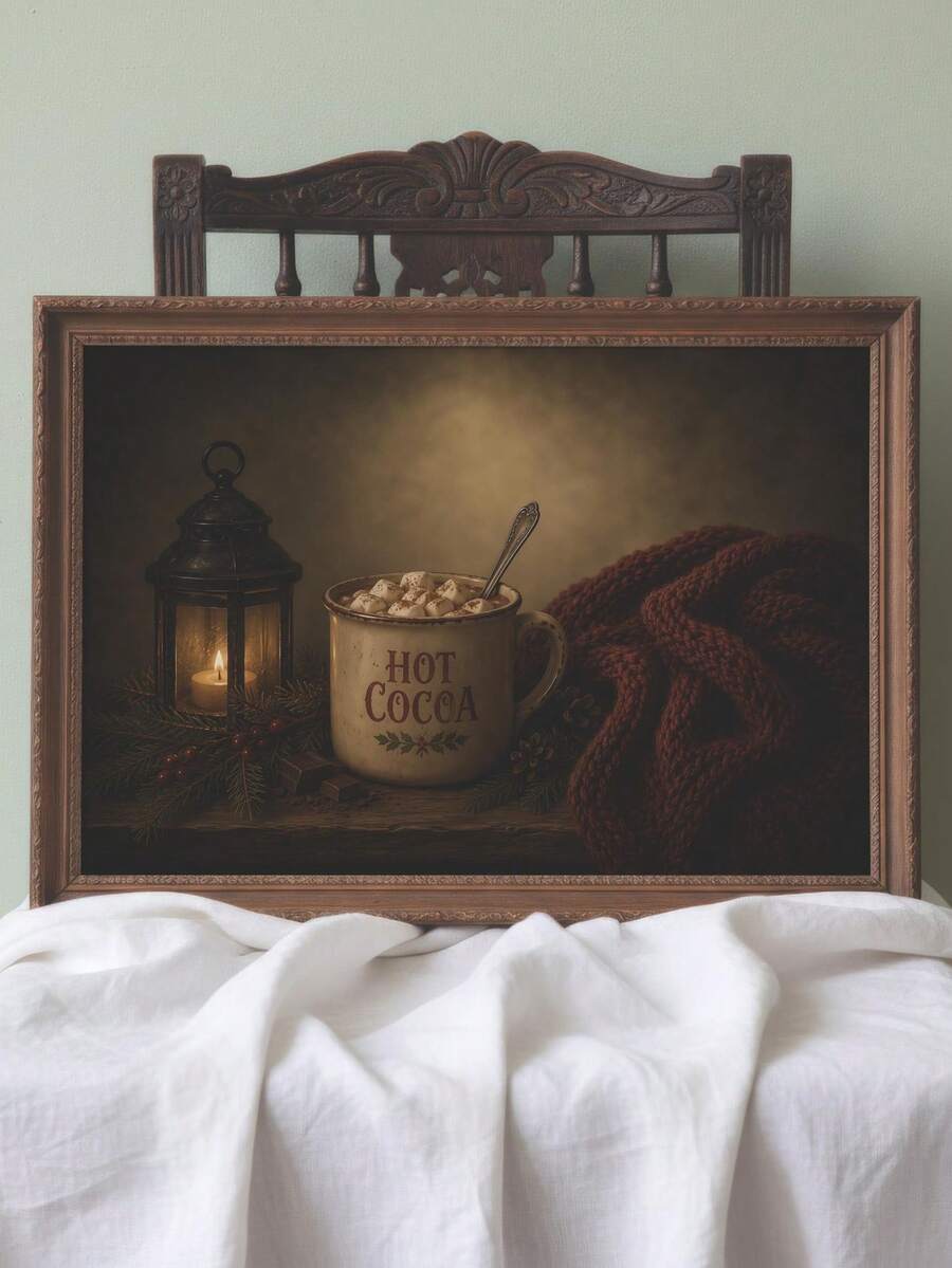 Vintage Hot Cocoa Mug & Lantern Rustic Christmas Canvas Poster