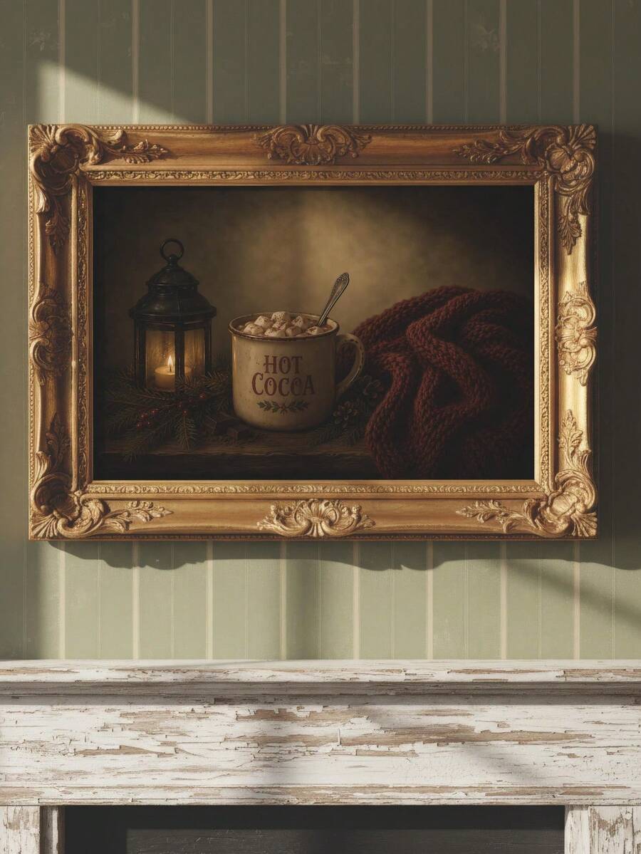 Vintage Hot Cocoa Mug & Lantern Rustic Christmas Canvas Poster