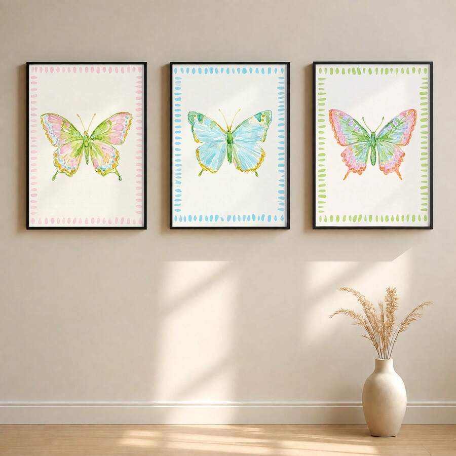 3pcs Watercolor Butterfly Prints with Doodle Border Preppy Canvas Posters