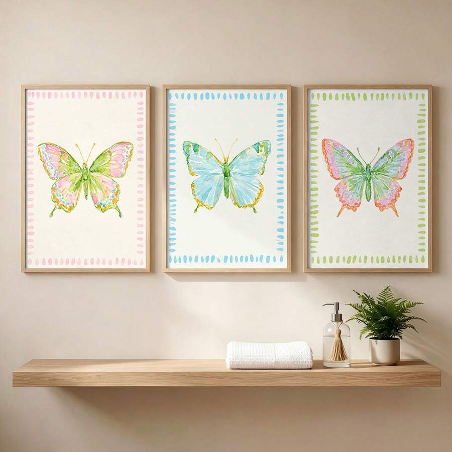 3pcs Watercolor Butterfly Prints with Doodle Border Preppy Canvas Posters