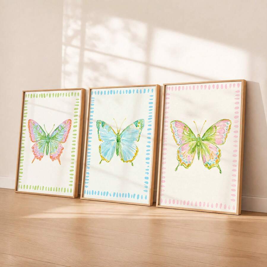 3pcs Watercolor Butterfly Prints with Doodle Border Preppy Canvas Posters