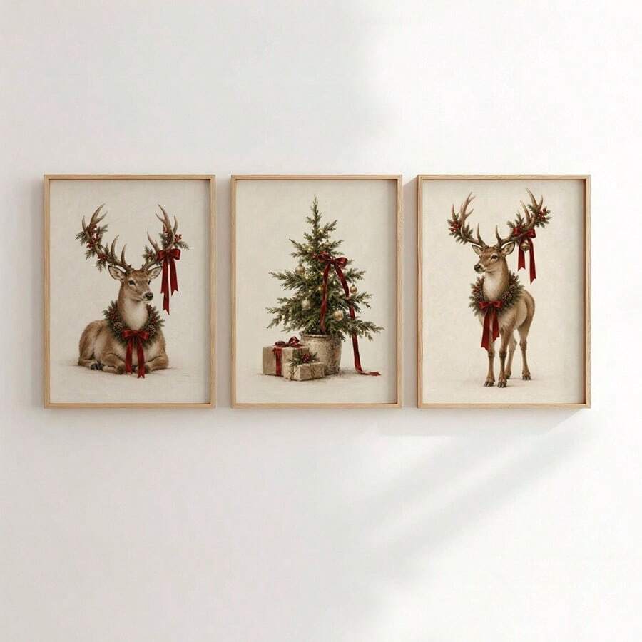 1-3Pcs Vintage Reindeer & Christmas Tree Cozy Winter Rustic Farmhouse Canvas Poster 