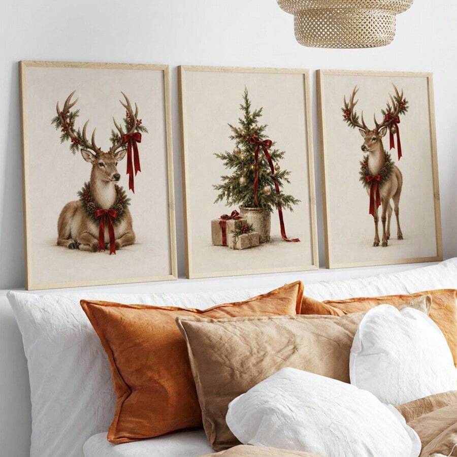 1-3Pcs Vintage Reindeer & Christmas Tree Cozy Winter Rustic Farmhouse Canvas Poster 