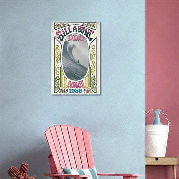 Vintage Hawaii surfing poster reading SURFING CONTEST, PRO, and HAWAII 1985 displayed above a pink Adirondack chair