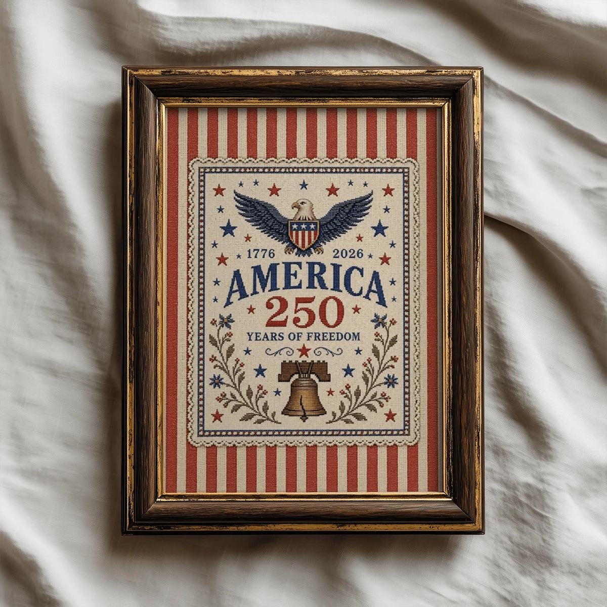 America 250th anniversary eagle and Liberty Bell cross-stitch-style artwork