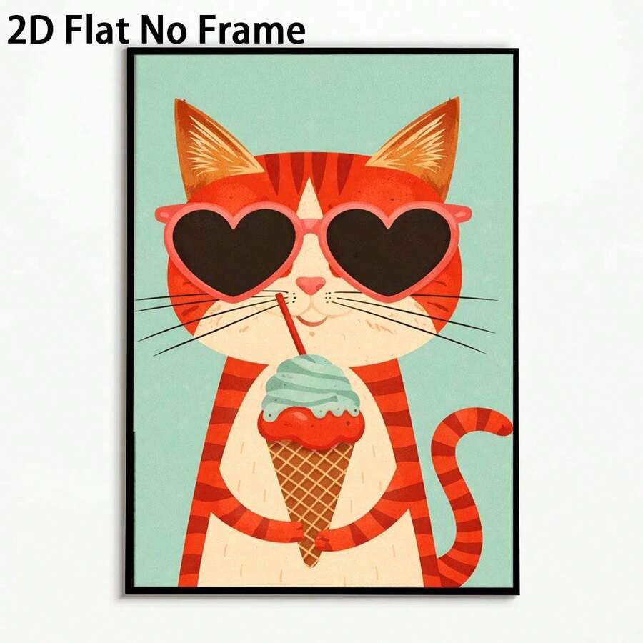 2D Flat Cute Cat Ice Cream Vintage Cartoon Style Canvas Poster