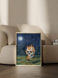 2D Flat Flaming Skull Gouache Painting Spooky Night Forest Impasto Canvas Poster
