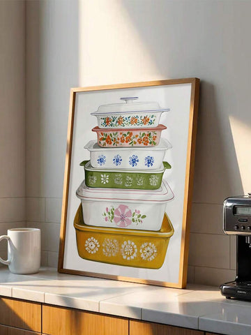 Framed poster of stacked vintage floral casserole dishes in mustard, green, pink and blue