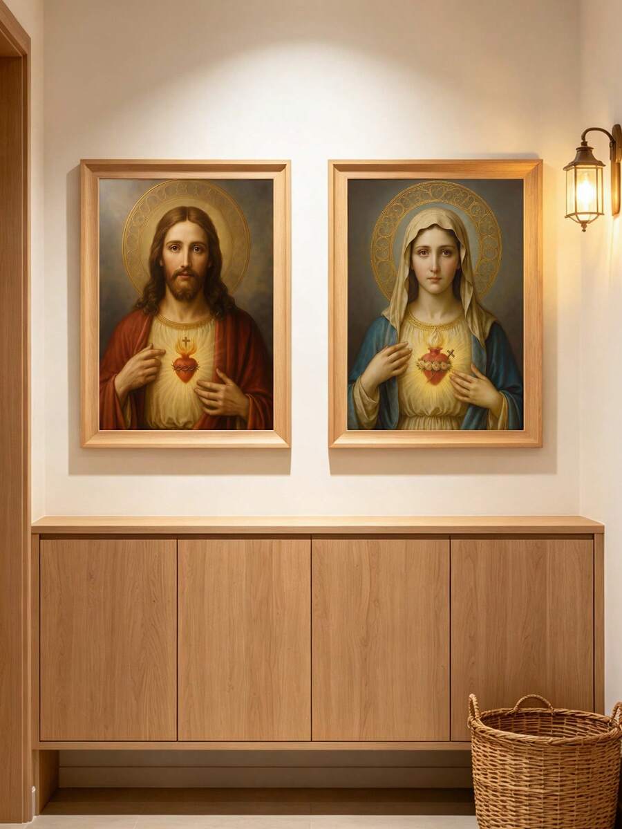 2 piece Sacred Hearts of Jesus and Mary Catholic Canvas set with timeless devotional imagery. Perfect for prayer rooms, bedrooms, home chapels, and faith decor.