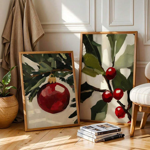 Impasto oil painting style Christmas red bauble and holly berry canvas wall art set