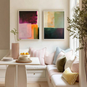 2pcs Modern Geometric Color Block Burgundy Sage Orange Canvas Poster Set 