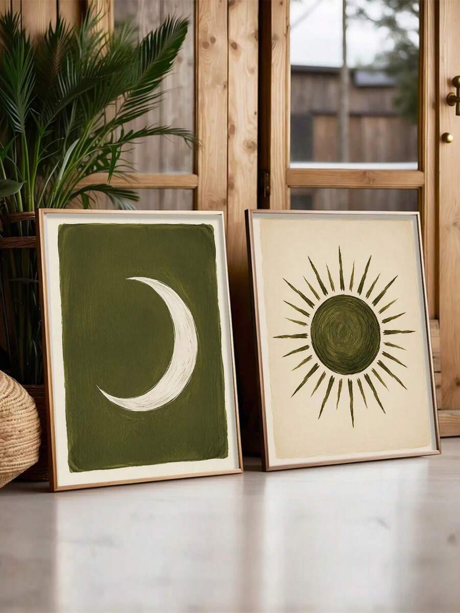2pcs Set Bohemian Style Sun Moon Minimalist Olive Green Starry Sky Canvas Poster 