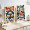 Two vintage-style Louisiana festival posters on a cream console: beignets and a red crawfish in navy and brick red