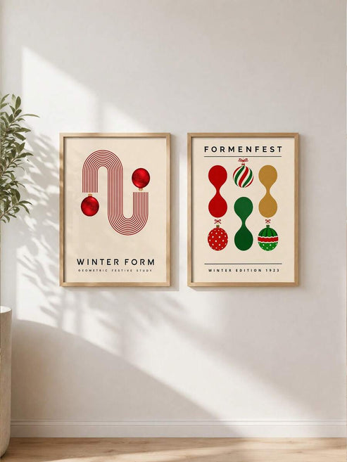 Two piece vintage geometric Christmas bauble Mid Century canvas wall art set