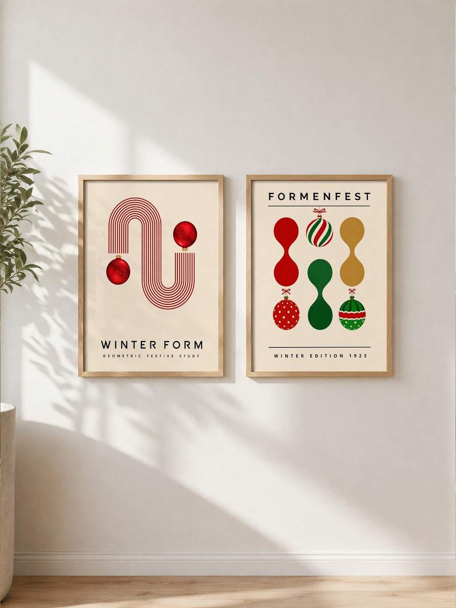 Pair of geometric Christmas posters with red ornaments and abstract bauble motifs