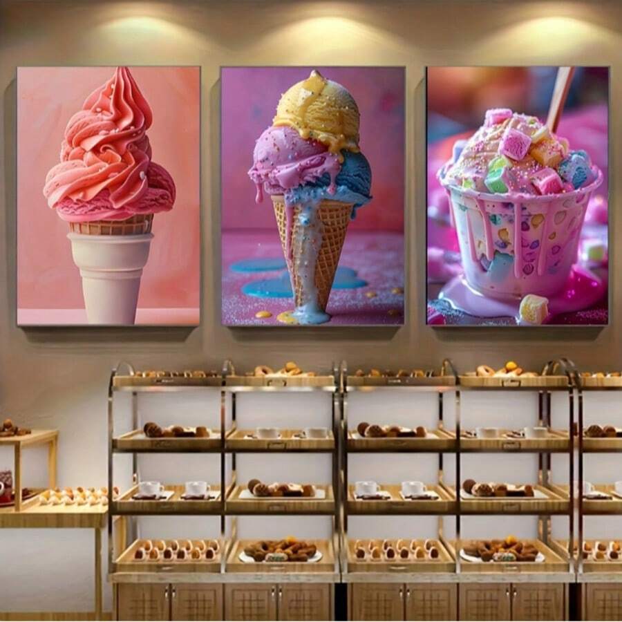 Three colorful ice cream wall-art panels with pink soft serve, multicolored cone and candy dessert above bakery racks