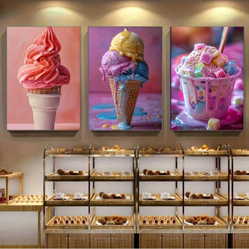 Three colorful ice cream wall-art panels with pink soft serve, multicolored cone and candy dessert above bakery racks