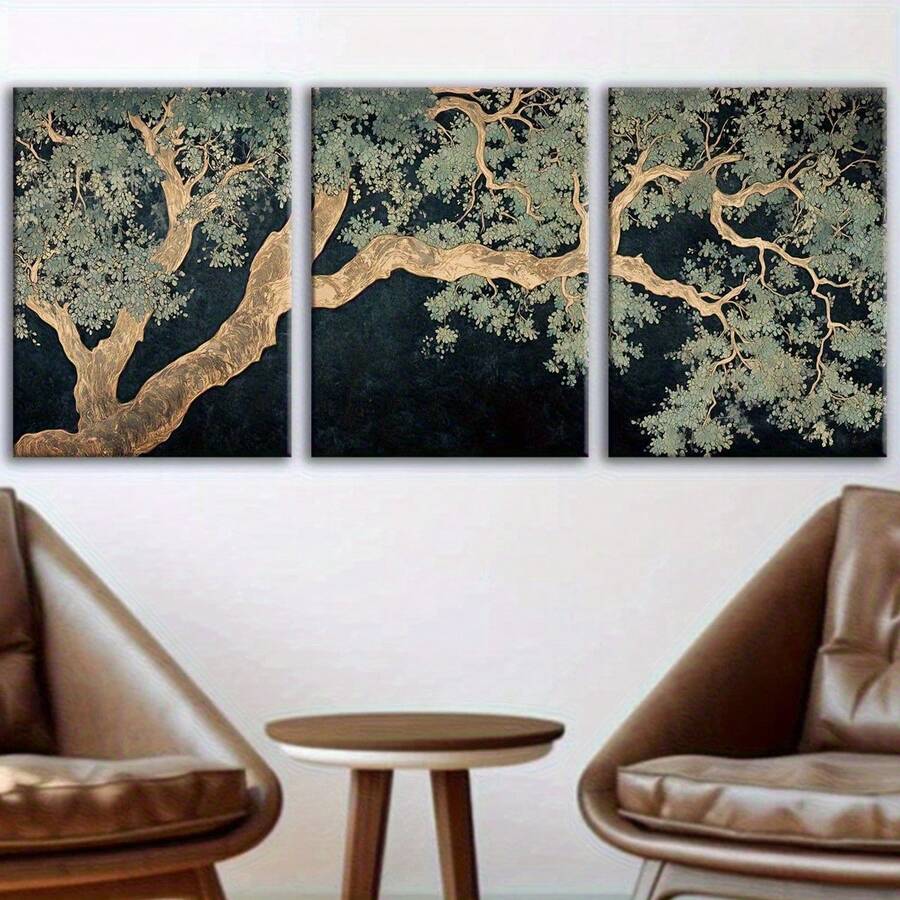 Three-panel abstract tree canvas wall art above a round table between lounge chairs