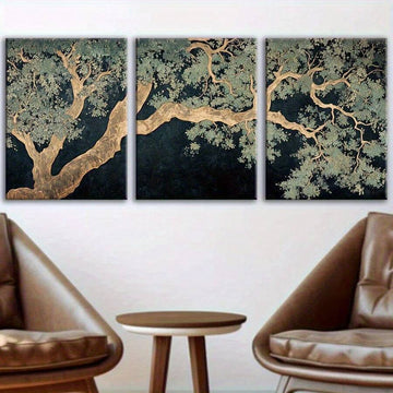 Three-panel abstract tree canvas wall art above a round table between lounge chairs