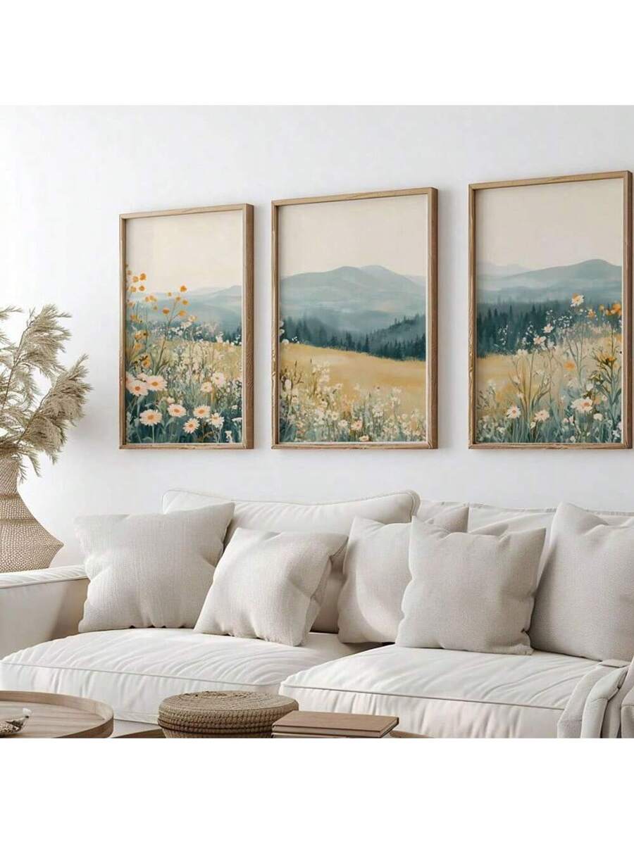 Mountain wall art triptych with misty peaks wildflower meadow and soft sage tones