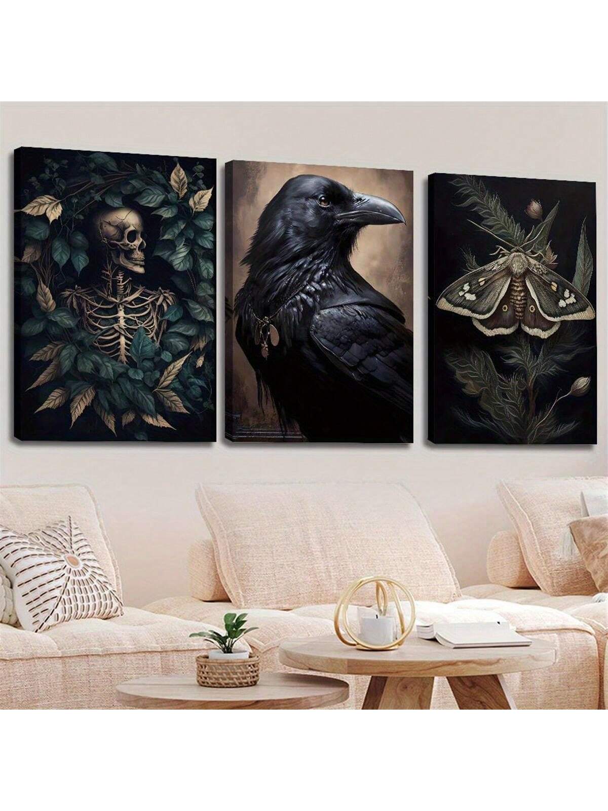 Elevate your dark academia aesthetic with this 3-piece canvas art set featuring intricately detailed skull and crow motifs. Each piece captures a hauntingly elegant blend of gothic symbolism and vintage charm, perfect for creating a moody, intellectual atmosphere in your living space. Crafted with high-quality materials, these canvases offer lasting durability and vivid imagery, making them an ideal choice for collectors and enthusiasts seeking to enrich their home decor with a sophisticated, mysterious edg