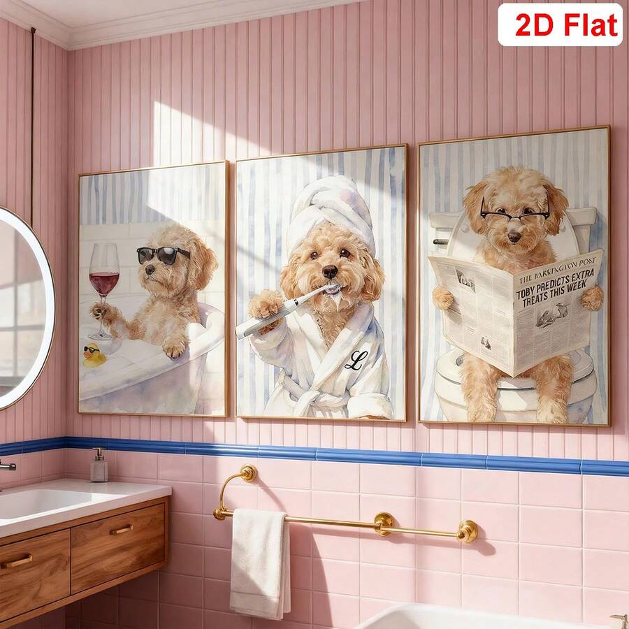 The 3-Piece Humorous Dog Bathroom Portrait Minimalist Canvas Poster set features a collection of funny dog portraits with playful bathroom-themed expressions, blending charming pet personalities with clean minimalist design. Crisp illustrations, modern composition, and lighthearted humor create eye-catching artwork that instantly brightens any space while adding a unique and entertaining touch to your walls.