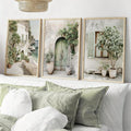 Three-piece Mediterranean coastal canvas set above neutral bed