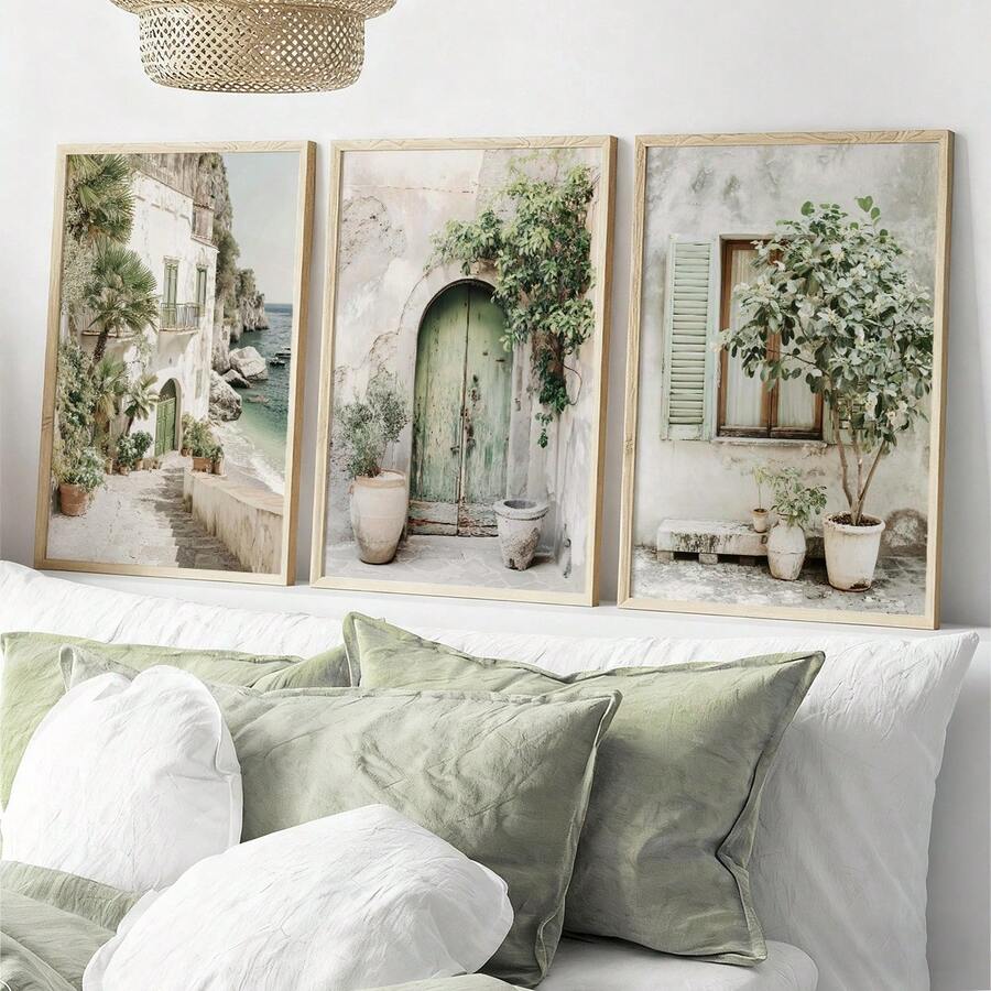 Three-piece Mediterranean coastal canvas set above neutral bed