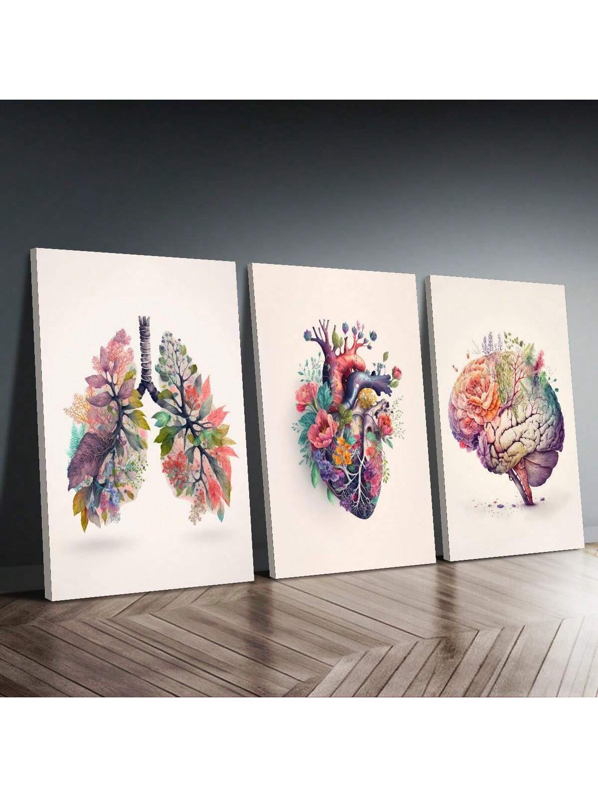 Add a touch of modern elegance to your home decor with our 3-piece anatomical art canvas set. Featuring beautiful floral accents, these canvases showcase the intricate details of the heart, brain, and lungs. Perfect for adding a stylish and educational element to any room.
