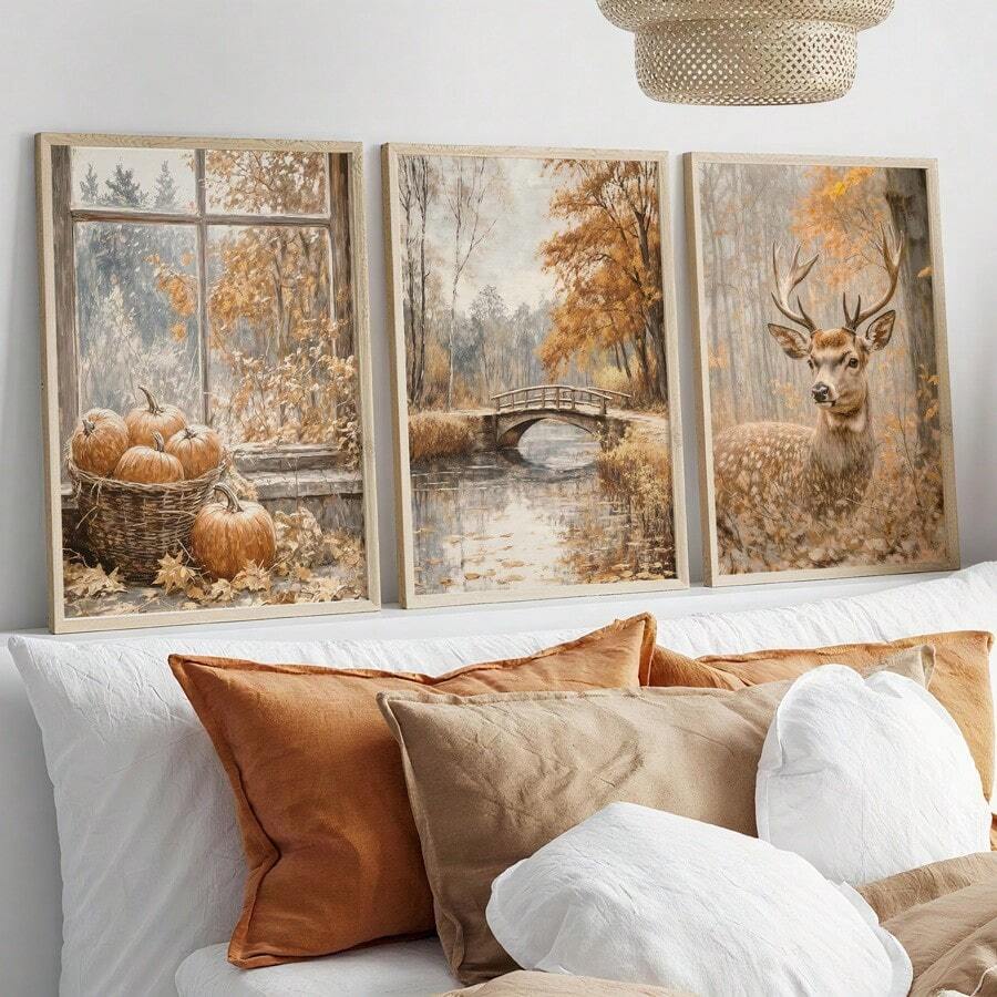 Celebrate the beauty of the harvest season with this 3-Piece Vintage Autumn Forest Deer & Pumpkin Fall Canvas Poster set. Featuring graceful deer wandering through a peaceful autumn forest surrounded by vibrant pumpkins, warm golden foliage, and rustic countryside charm, each artwork captures the essence of fall in a timeless vintage style. The rich earthy colors and detailed landscape create a cozy, inviting atmosphere that brings the beauty of nature indoors.