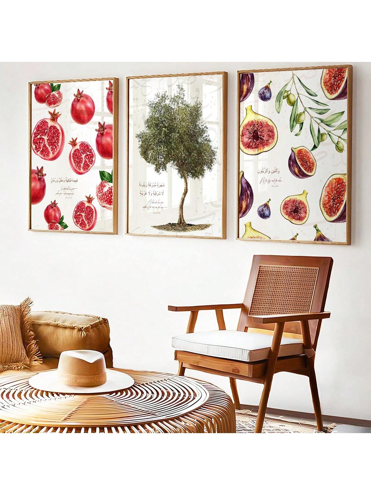 Add a touch of elegance to your home with this 3-piece vintage watercolor Islamic art set. Featuring beautiful olive tree and pomegranate canvas prints, this set is perfect for adding a unique and cultural touch to any room. Made with high-quality materials, it is sure to impress any art lover.