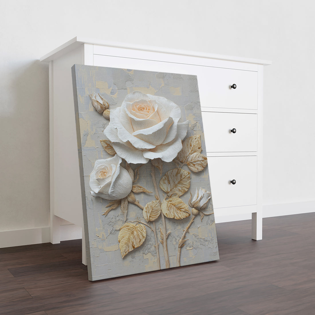 Transform your space with this striking 3D white rose wall art canvas, featuring hand-crafted textured relief painting that brings botanical elegance to any room. The delicate white roses are complemented by shimmering gold leaf accents, creating a sophisticated focal point with remarkable depth and dimension.