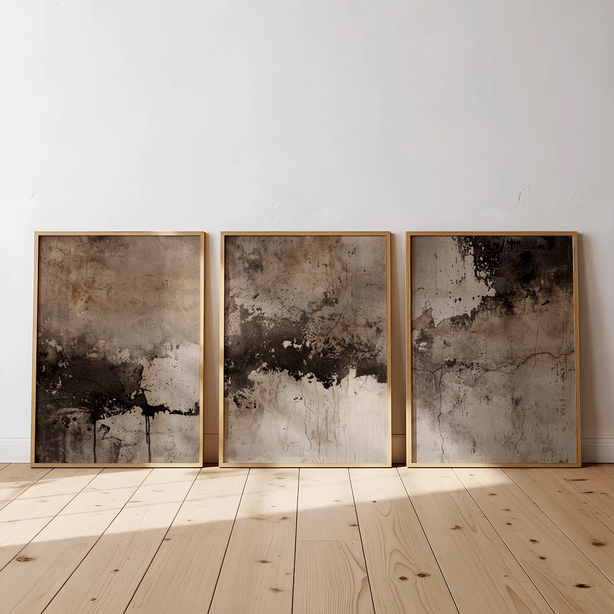 Three framed wabi-sabi abstract canvas posters in beige brown and charcoal