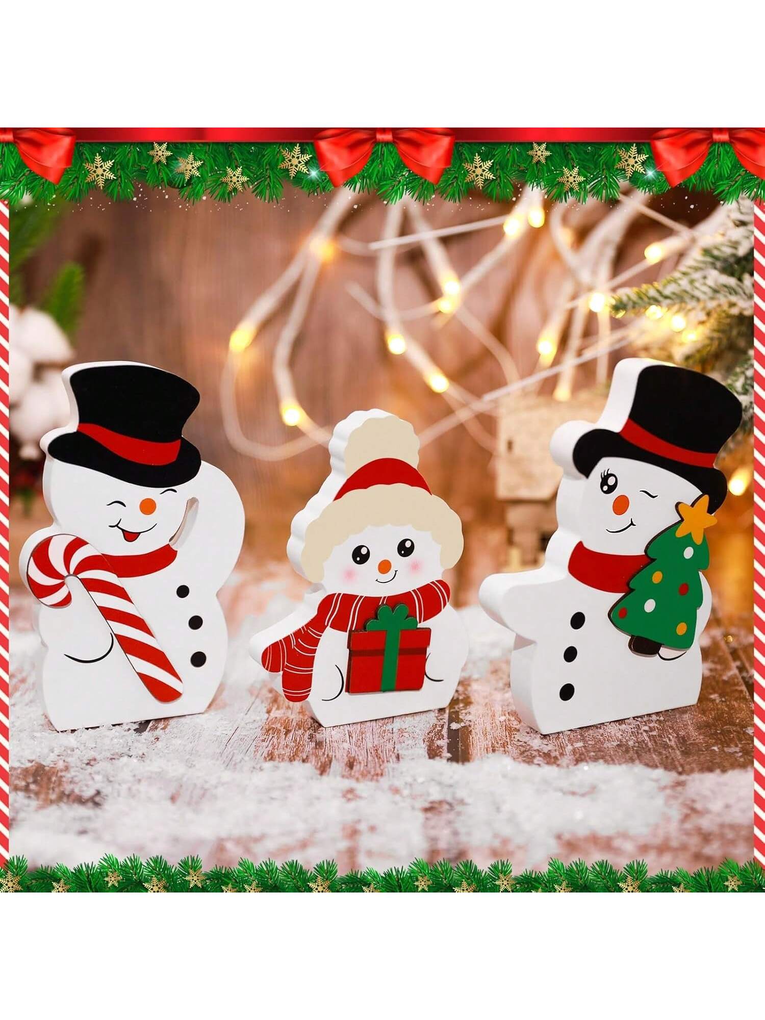 3PCS Set: Cute Snowman Winter Decorations for Indoor Christmas Wooden Tiered Tray Display
