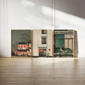 Japanese storefront triptych leaning against a white paneled wall