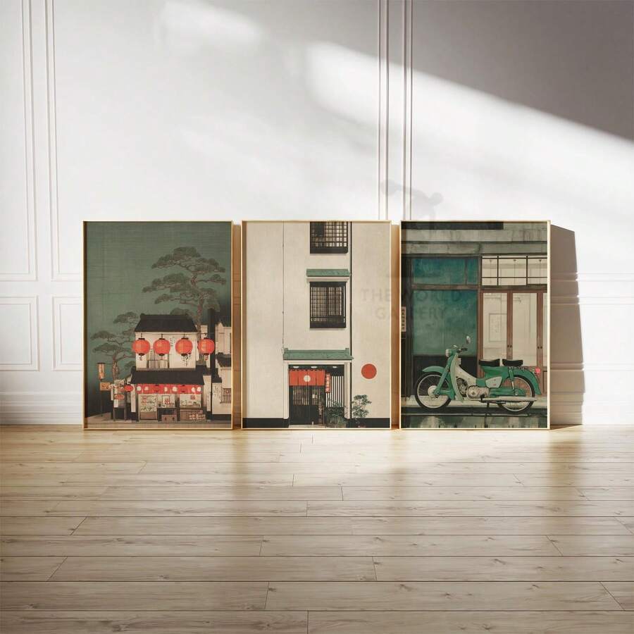 Japanese storefront triptych leaning against a white paneled wall